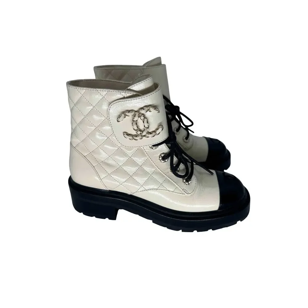 Chanel Goatskin Quilted Chain CC Cap Toe Lace Up Combat Boots Ivory Women's 37.5